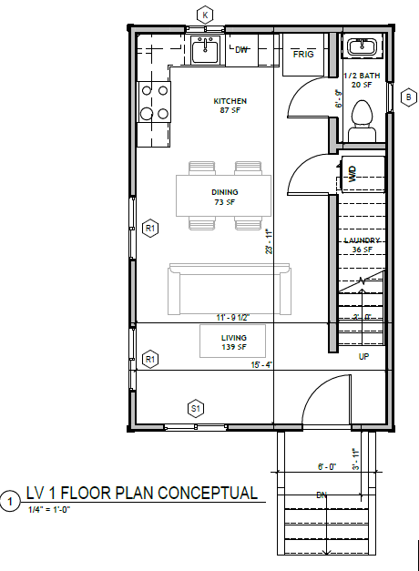 Budget Cottage 2 Bed — first floor plan: kitchen, dining, living, half bath, laundry