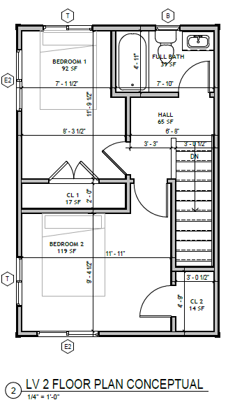 Budget Cottage 2 Bed — second floor plan: two bedrooms, full bath, hall, two closets