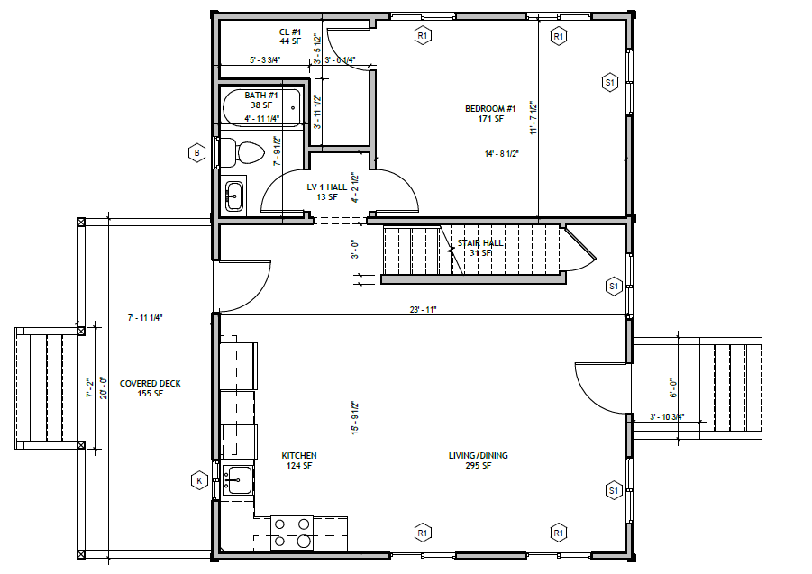 Master on Main 3 Bed — first floor plan: primary bedroom, bath, kitchen, living/dining, covered deck