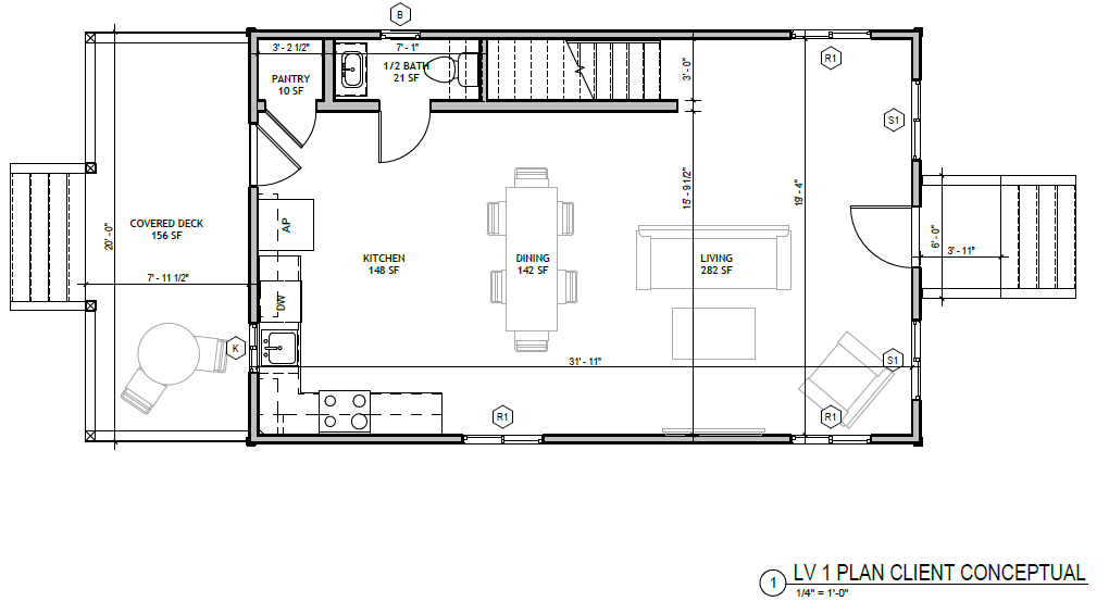Standard Cottage 3 Bed — first floor plan: kitchen, dining, living, pantry, half bath, covered deck