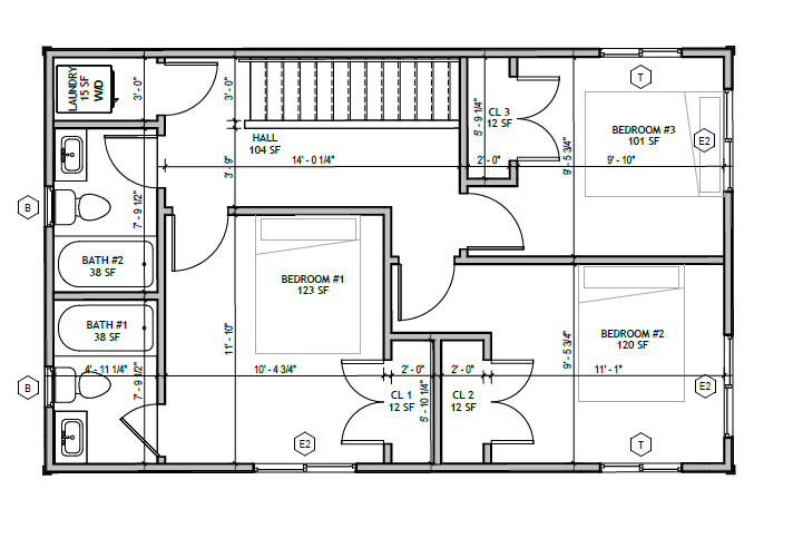 Standard Cottage 3 Bed — second floor plan: three bedrooms, two full baths, hall, laundry closet