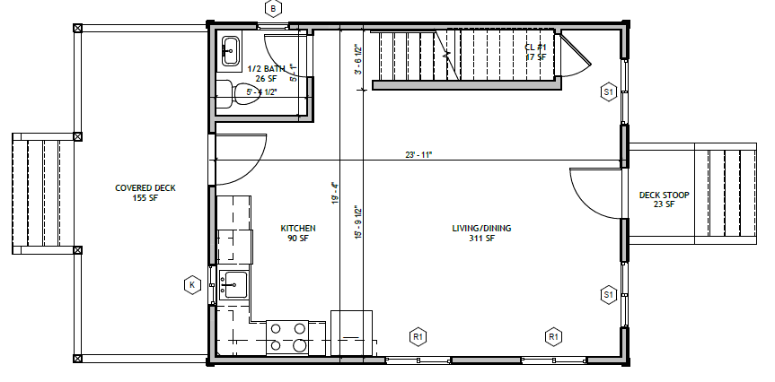 Standard Cottage 2 Bed — first floor plan: kitchen, living/dining, half bath, covered deck