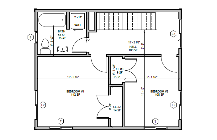 Standard Cottage 2 Bed — second floor plan: two bedrooms, full bath, hall, washer/dryer