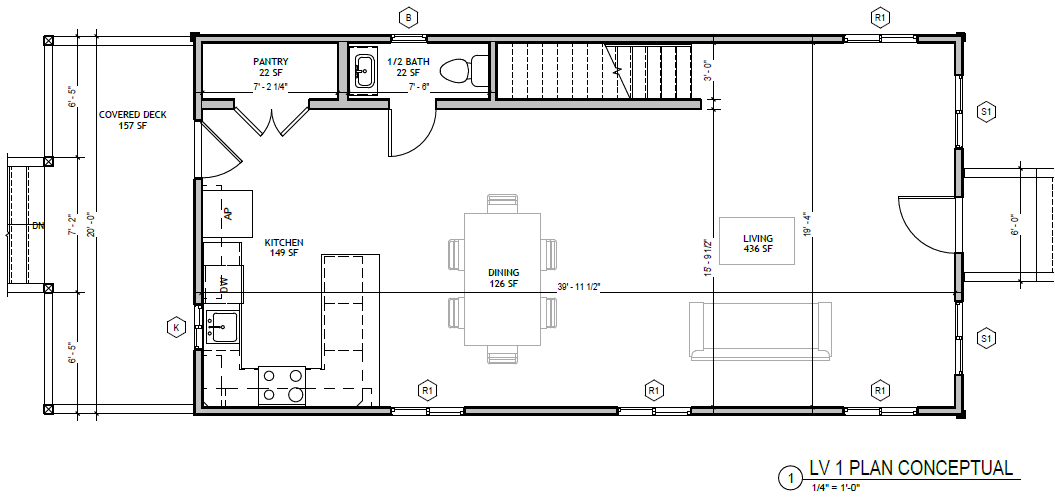 Standard Cottage XL 3 Bed — first floor plan: kitchen, dining, living, pantry, half bath, covered deck
