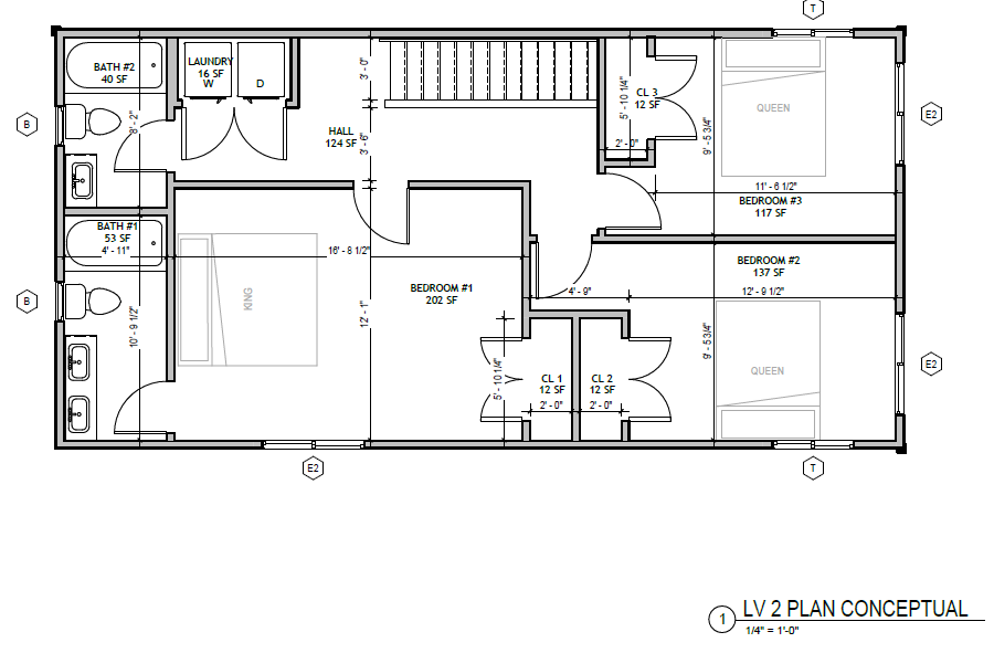 Standard Cottage XL 3 Bed — second floor plan: primary bedroom with ensuite bath, two more bedrooms, second full bath, laundry closet