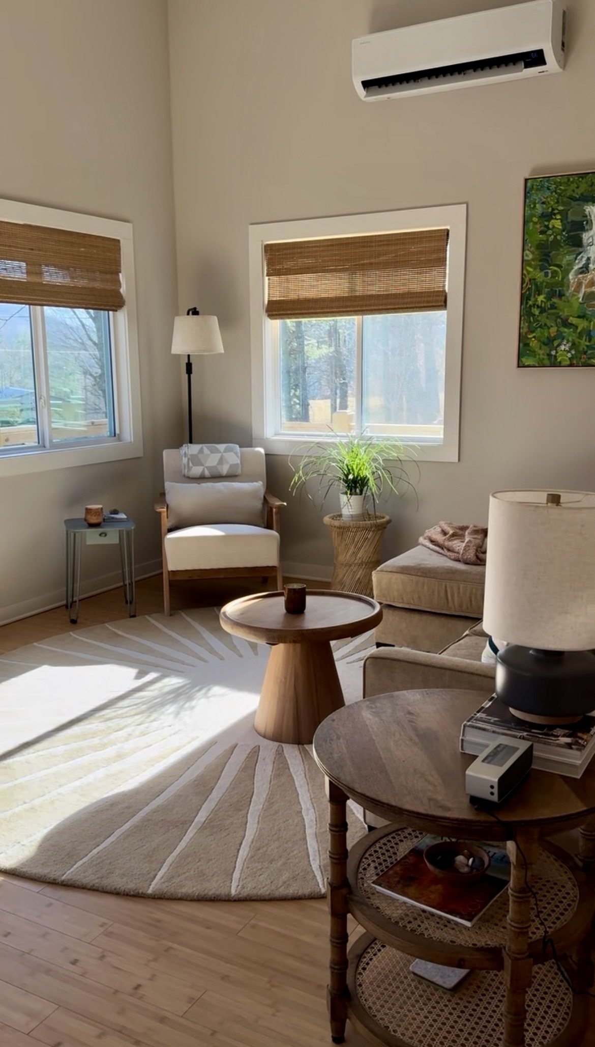 Escape Pod — living room with vaulted ceiling and tall windows